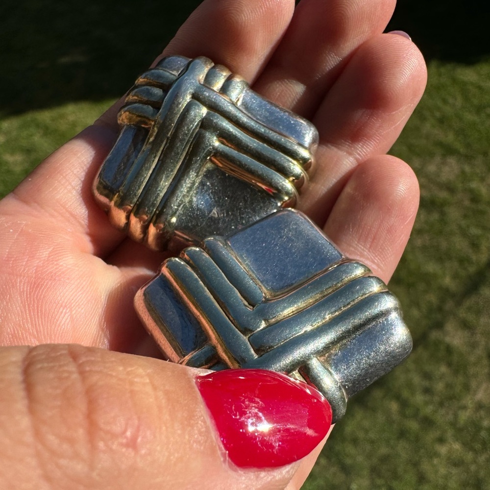 Vintage 925 Sterling Silver very large Puffy Square 2 tone clipon Earrings 18.5g - Picture 6 of 10